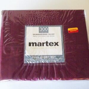 Martex Damask Stripe Full Sheet Set, Burgundy, Cotton Deep Pocket, 300 Thread Ct